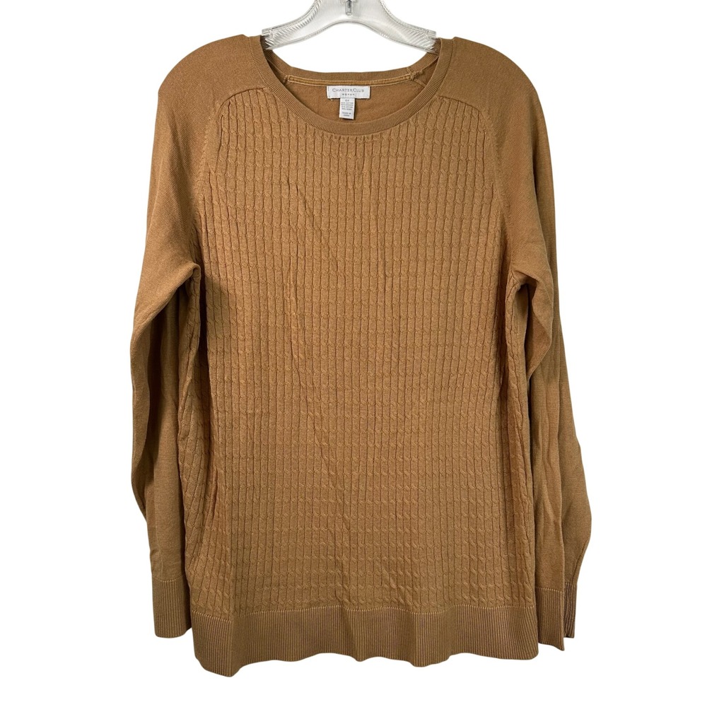 Charter Club Woman 0X Camel Brown Cable Knit Crew Neck Sweater Long Sleeve Top